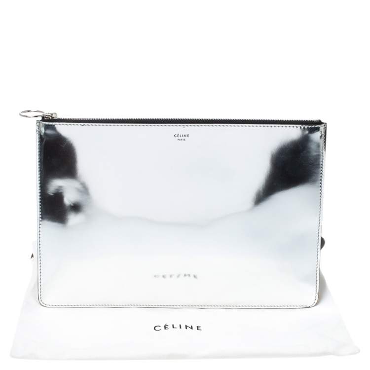 Pre Owned Celine Silver Mirror Leather Zipped Clutch