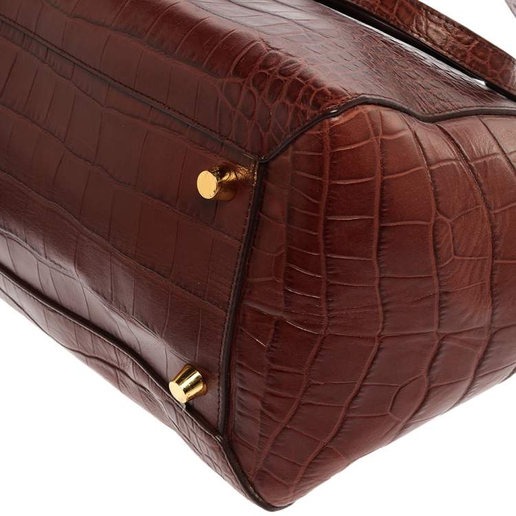 مملوكة مسبقًا Celine Brown Croc Embossed Leather Mini Belt Top Handle Bag