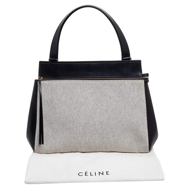 Pre Owned Celine Black/Ivory Leather and Canvas Medium Edge Top Handle Bag