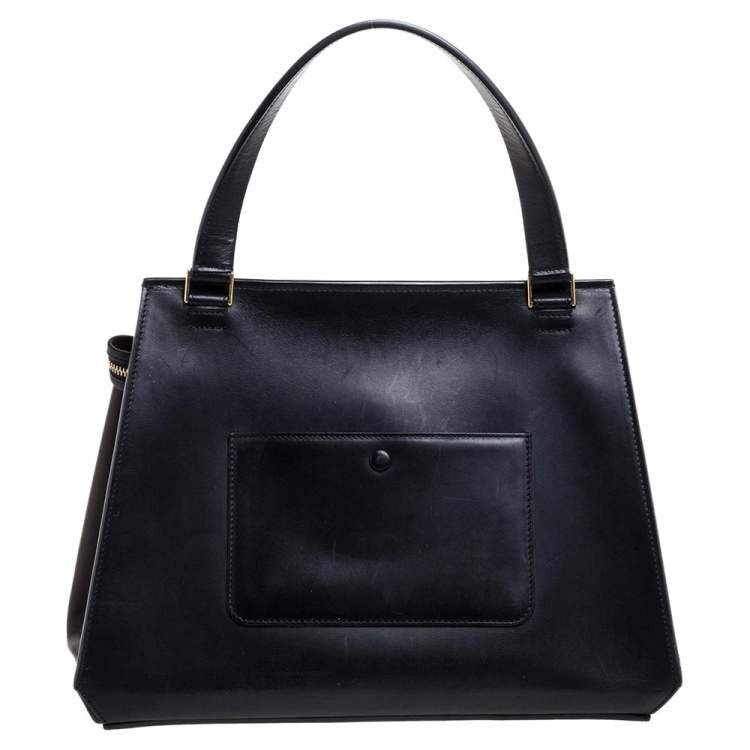 Pre Owned Celine Black/Ivory Leather and Canvas Medium Edge Top Handle Bag