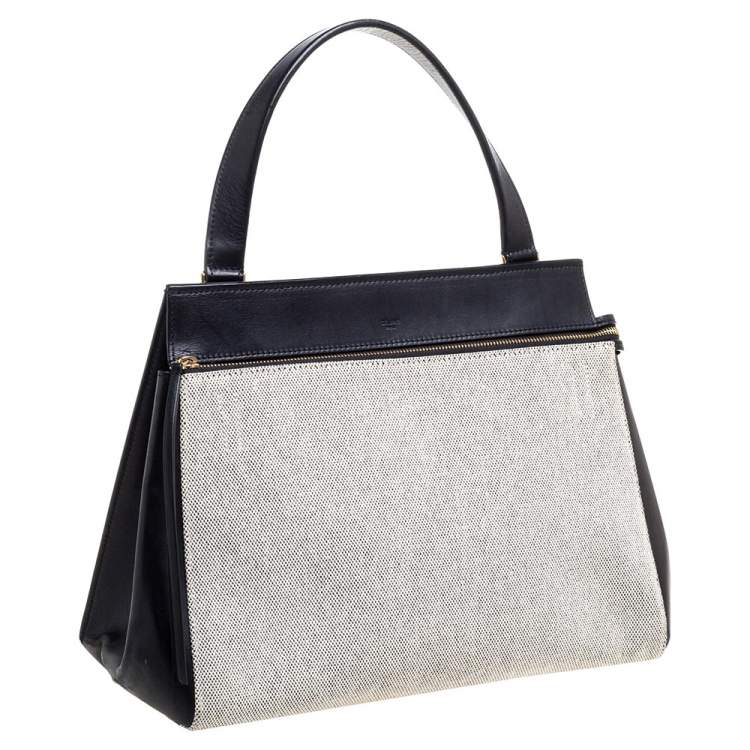 Pre Owned Celine Black/Ivory Leather and Canvas Medium Edge Top Handle Bag