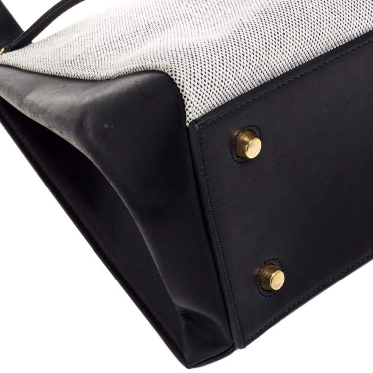 Pre Owned Celine Black/Ivory Leather and Canvas Medium Edge Top Handle Bag