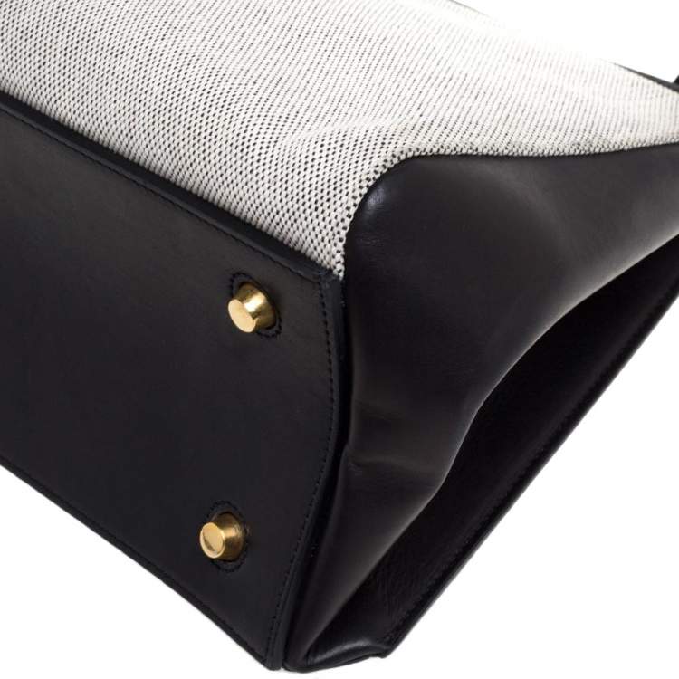 Pre Owned Celine Black/Ivory Leather and Canvas Medium Edge Top Handle Bag