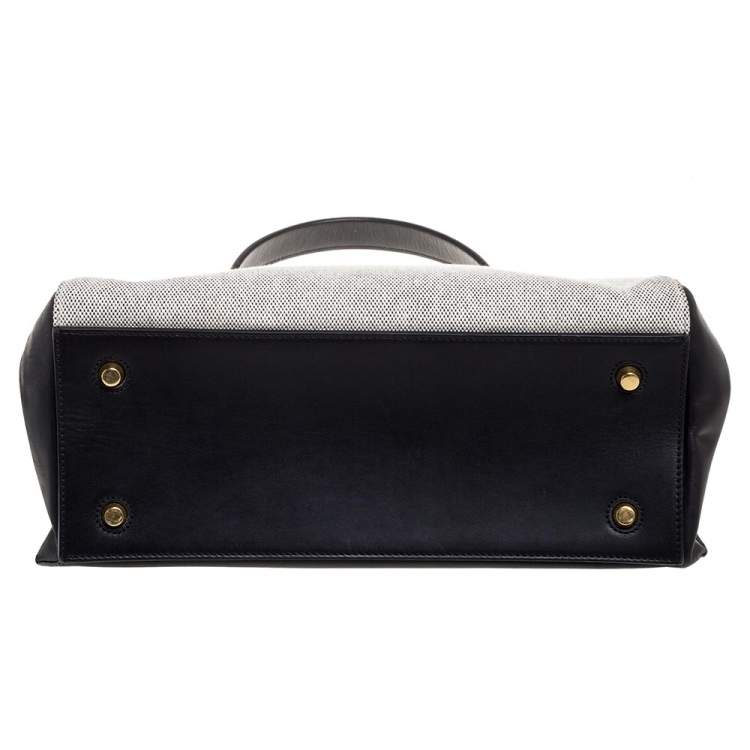 Pre Owned Celine Black/Ivory Leather and Canvas Medium Edge Top Handle Bag