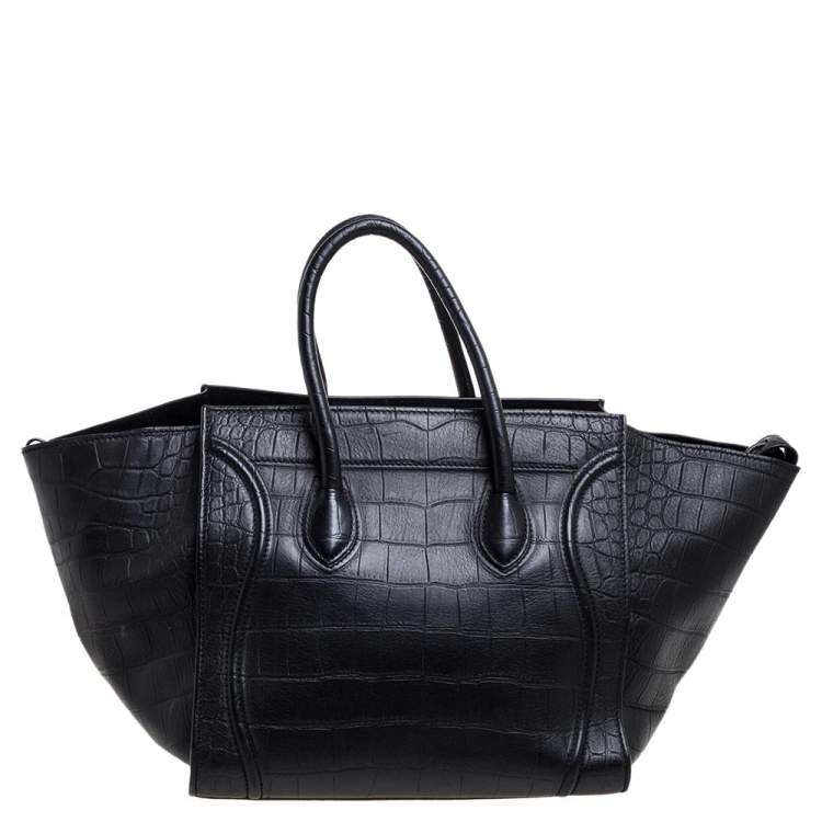 Pre Owned Celine Black Croc Embossed Leather Medium Phantom Luggage Tote