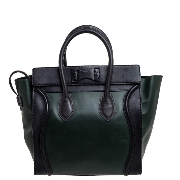 Pre Owned Celine Black/Dark Green Leather Mini Luggage Tote