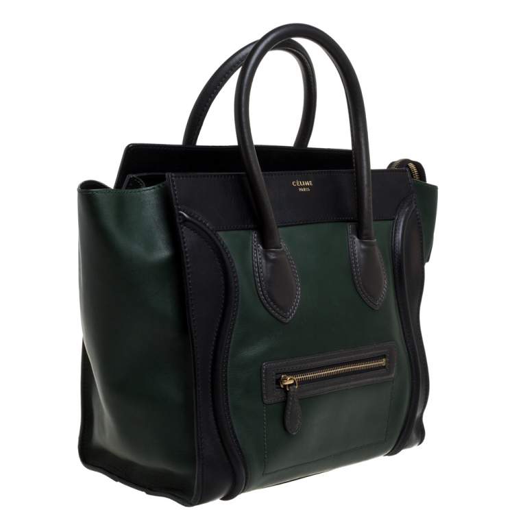 Pre Owned Celine Black/Dark Green Leather Mini Luggage Tote
