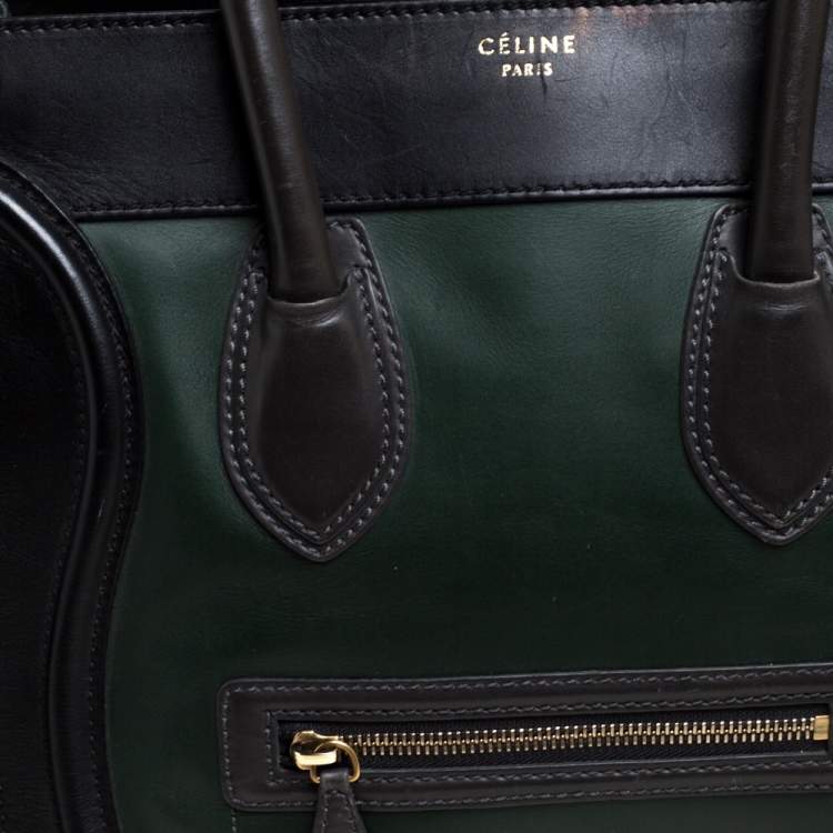 Pre Owned Celine Black/Dark Green Leather Mini Luggage Tote