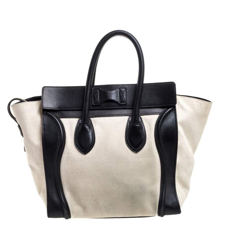 Pre Owned Celine Black/Ivory Canvas and Leather Mini Luggage Tote
