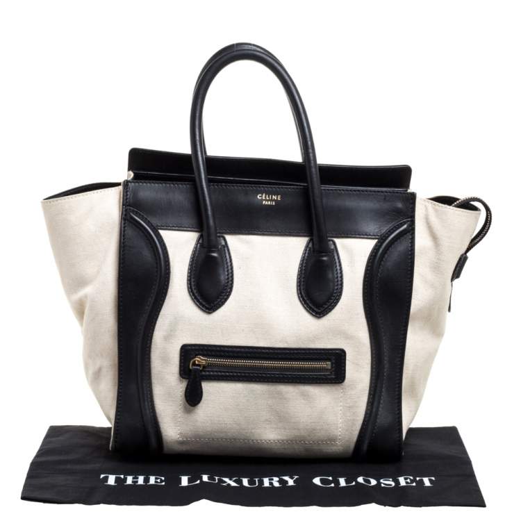 Pre Owned Celine Black/Ivory Canvas and Leather Mini Luggage Tote