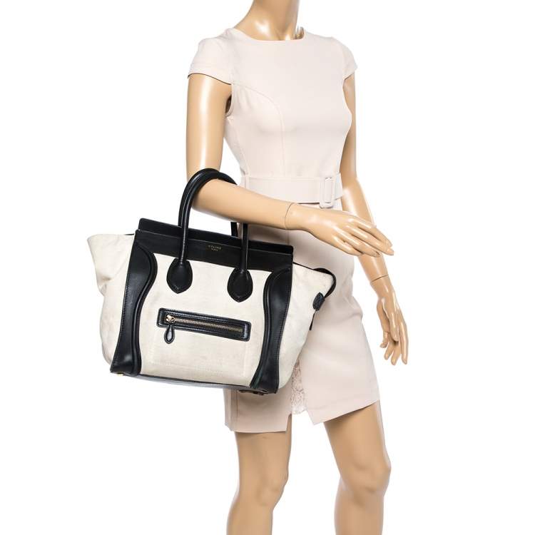 Pre Owned Celine Black/Ivory Canvas and Leather Mini Luggage Tote