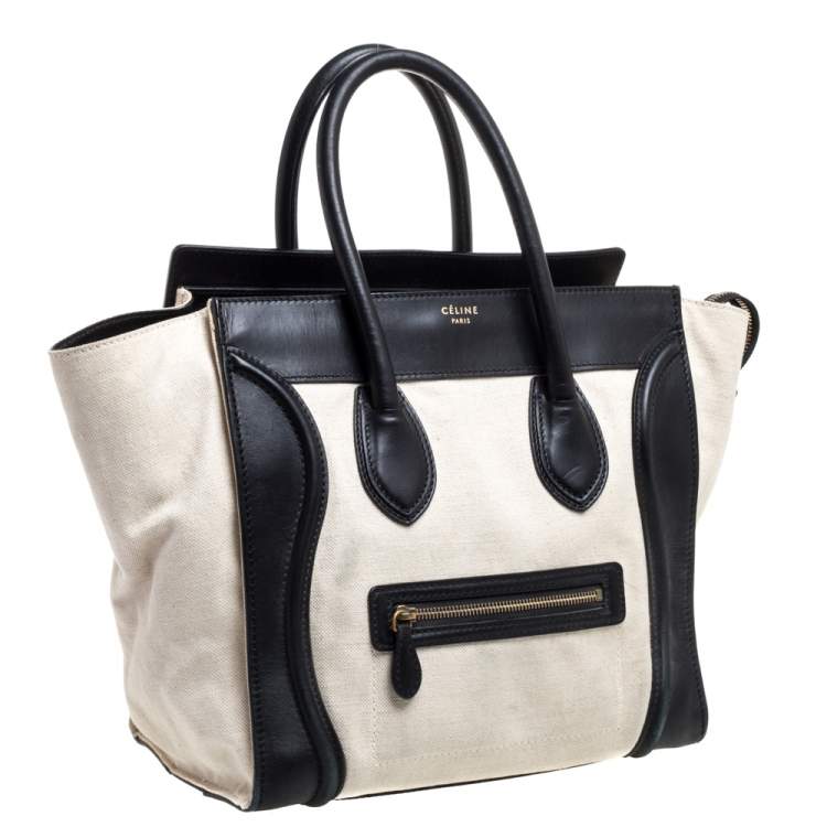 Pre Owned Celine Black/Ivory Canvas and Leather Mini Luggage Tote