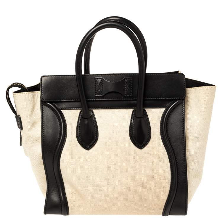 Pre Owned Celine Beige/Black Canvas and Leather Mini Luggage Tote