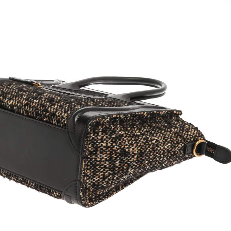 Pre Owned Celine Black/Beige Tweed and Leather Nano Luggage Tote