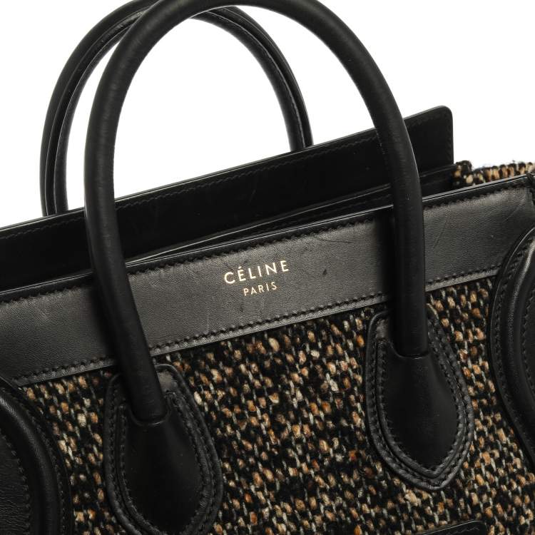 Pre Owned Celine Black/Beige Tweed and Leather Nano Luggage Tote