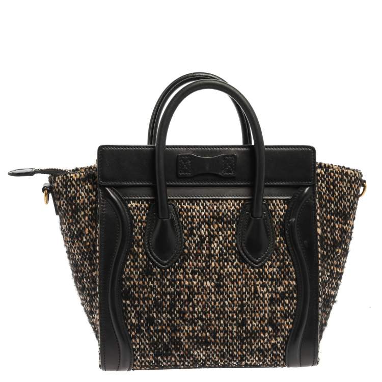 Pre Owned Celine Black/Beige Tweed and Leather Nano Luggage Tote