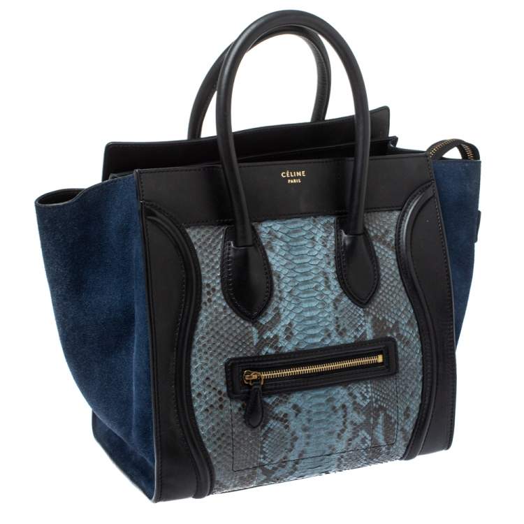 Pre Owned Celine Blue/Black Python, Suede and Leather Mini Luggage Tote