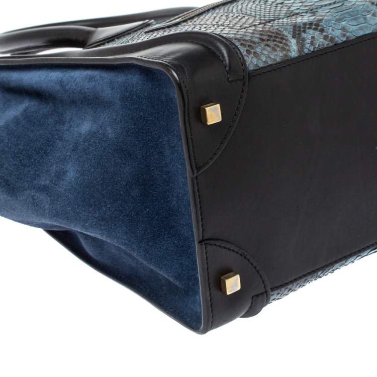 Pre Owned Celine Blue/Black Python, Suede and Leather Mini Luggage Tote
