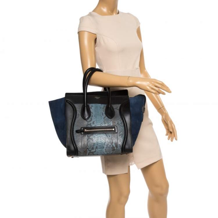 Pre Owned Celine Blue/Black Python, Suede and Leather Mini Luggage Tote