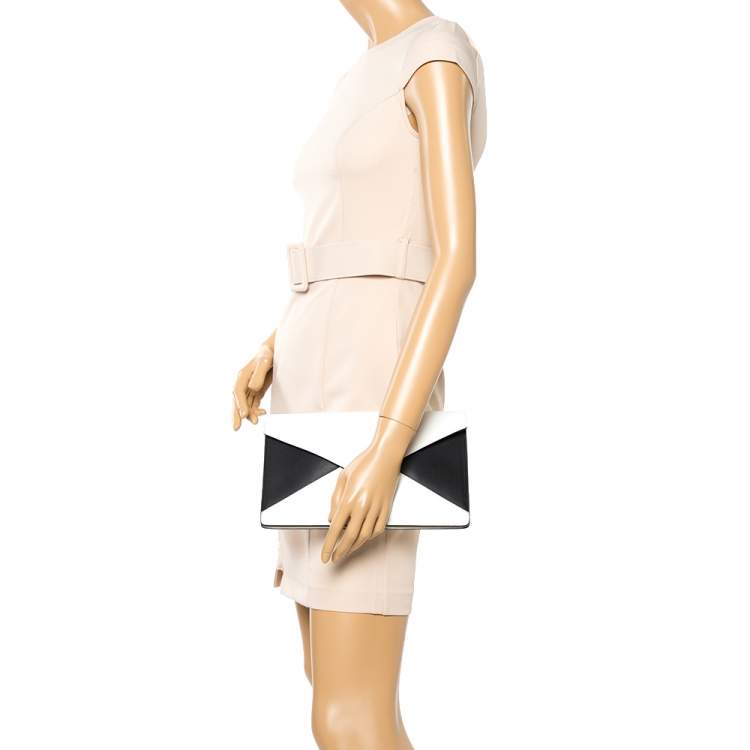 Pre Owned Celine White/Black Leather Diamond Clutch 