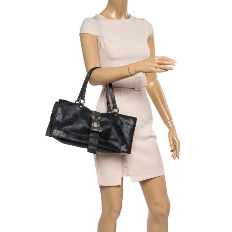 Pre Owned Celine Black Nubuck Leather Buckle Flap Tote