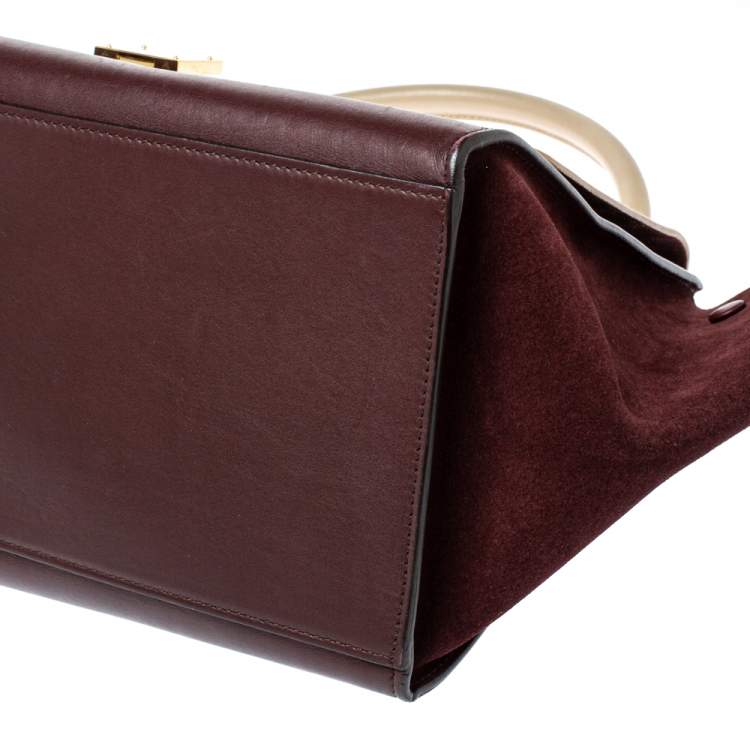 Pre Owned Celine Burgundy/Beige Leather and Suede Medium Trapeze Bag
