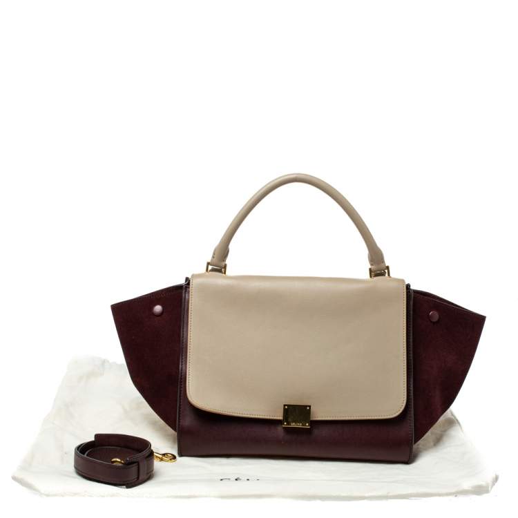 Pre Owned Celine Burgundy/Beige Leather and Suede Medium Trapeze Bag