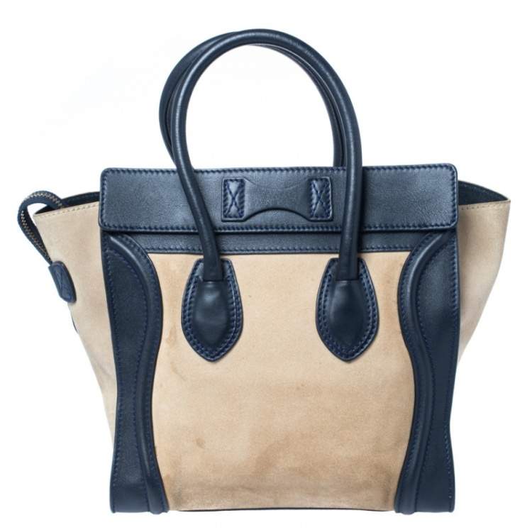 Pre Owned Celine Beige/Navy Blue Suede and Leather Micro Luggage Tote