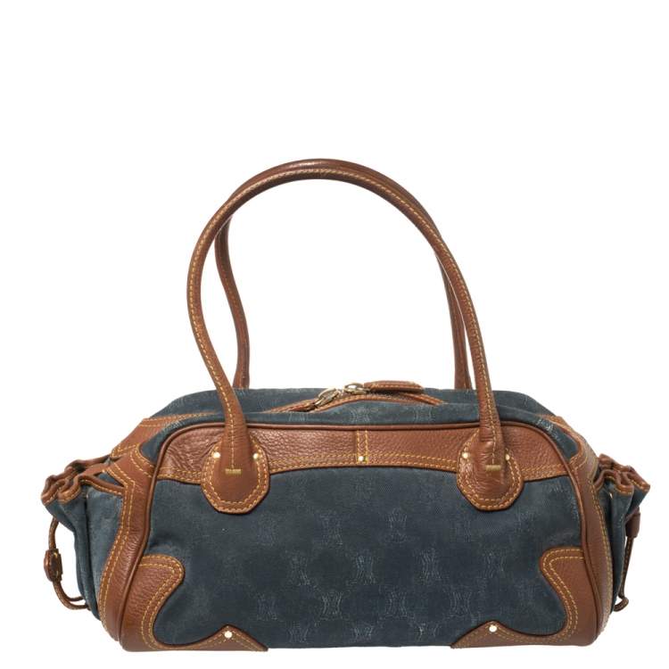 Pre Owned Celine Blue/Brown Macadam Denim and Leather Drawstring Pocket Satchel