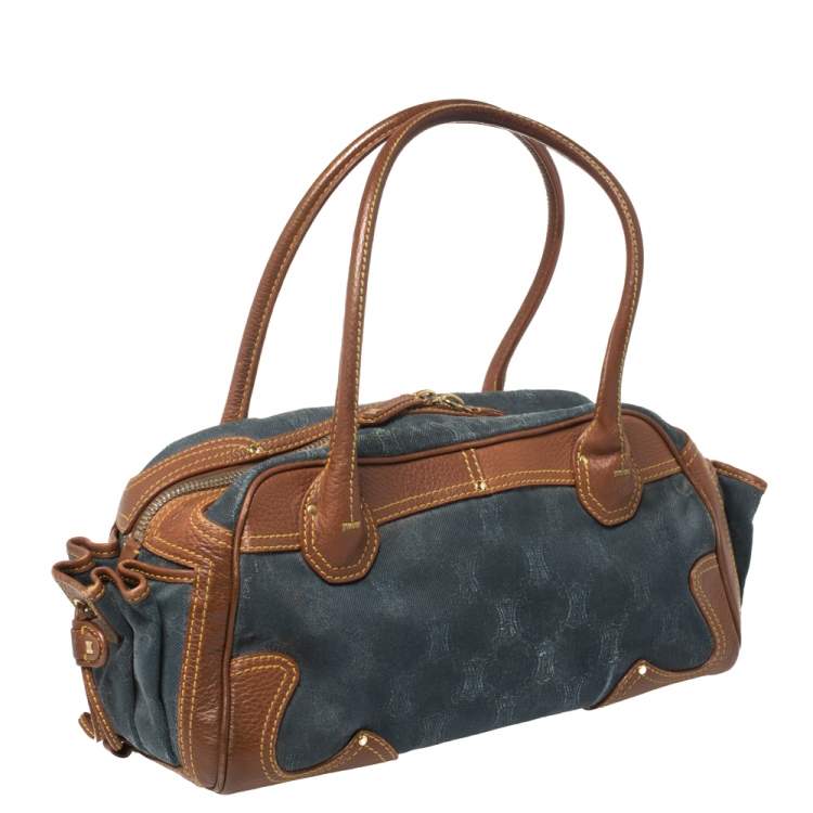 Pre Owned Celine Blue/Brown Macadam Denim and Leather Drawstring Pocket Satchel