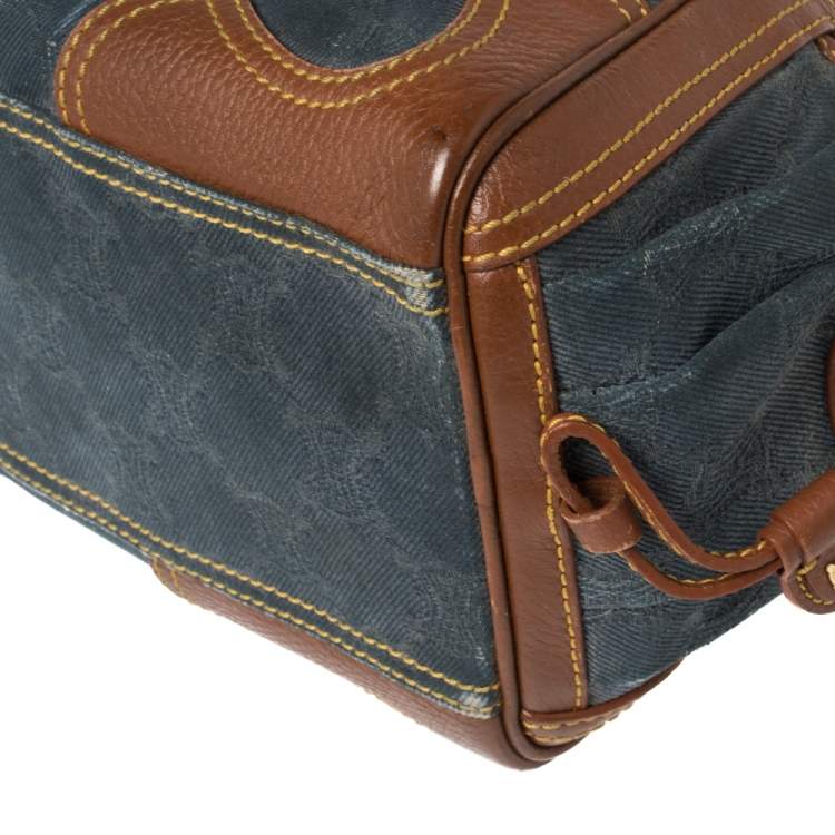 Pre Owned Celine Blue/Brown Macadam Denim and Leather Drawstring Pocket Satchel