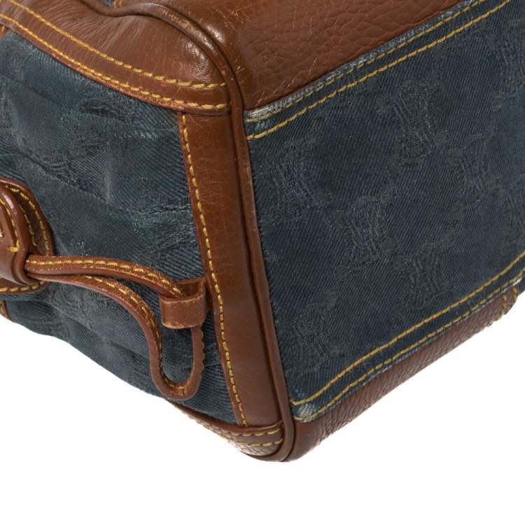 Pre Owned Celine Blue/Brown Macadam Denim and Leather Drawstring Pocket Satchel