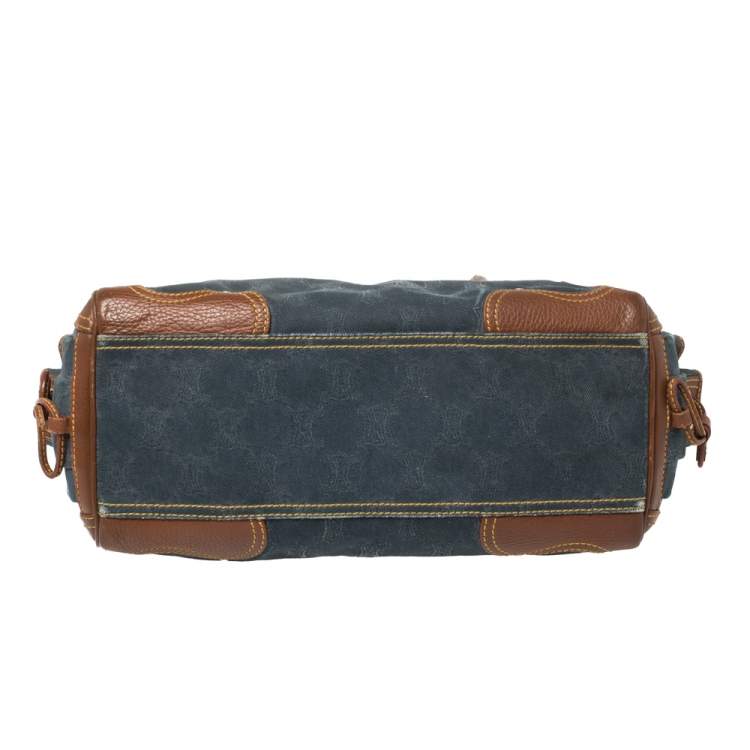 Pre Owned Celine Blue/Brown Macadam Denim and Leather Drawstring Pocket Satchel