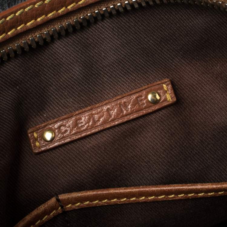 Pre Owned Celine Blue/Brown Macadam Denim and Leather Drawstring Pocket Satchel