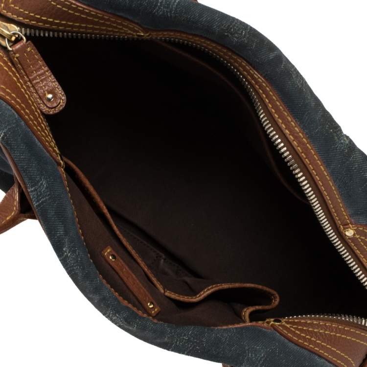 Pre Owned Celine Blue/Brown Macadam Denim and Leather Drawstring Pocket Satchel