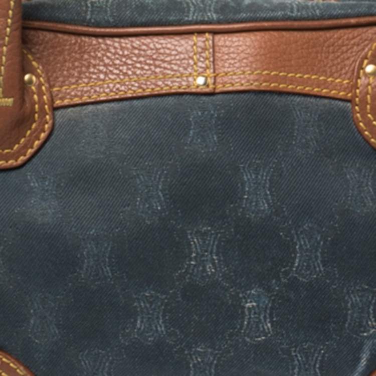 Pre Owned Celine Blue/Brown Macadam Denim and Leather Drawstring Pocket Satchel