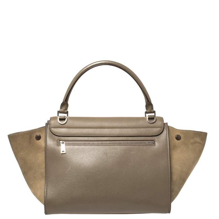 Pre Owned Celine Khaki Green Leather and Suede Medium Trapeze Top Handle Bag