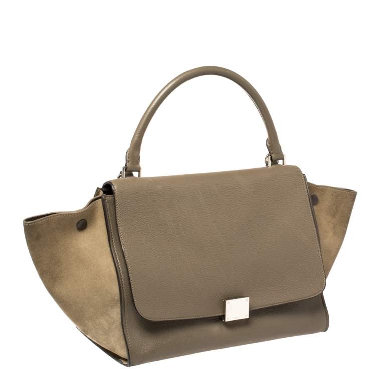Pre Owned Celine Khaki Green Leather and Suede Medium Trapeze Top Handle Bag