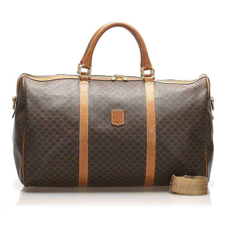 Pre Owned Celine Brown/Beige Coated Canvas Macadam Travel Bag 