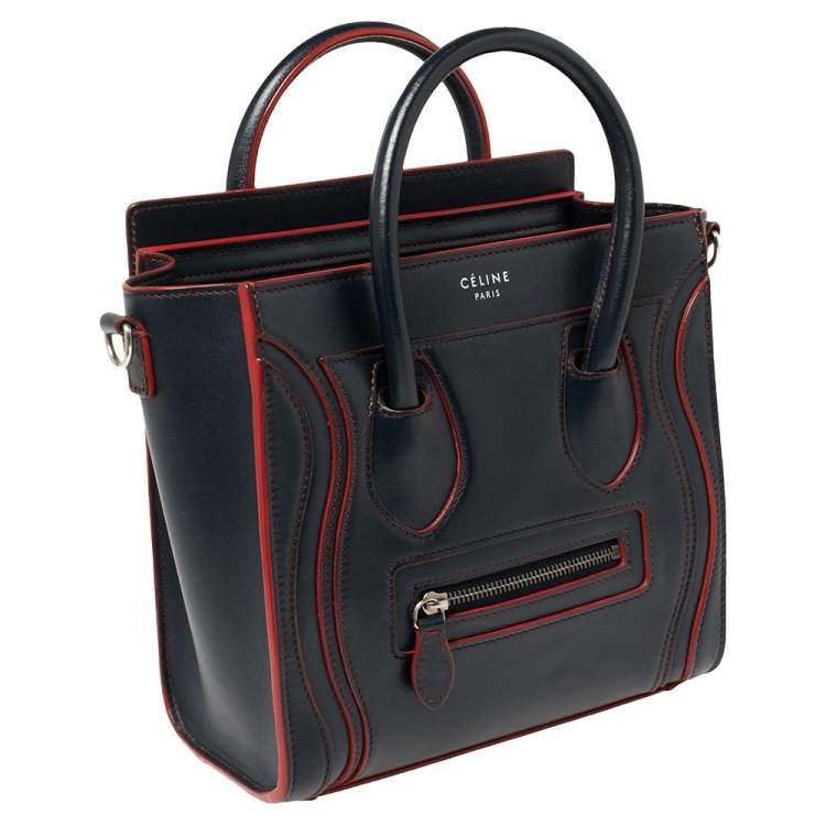 Pre Owned Celine Navy Blue/Red Leather Nano Luggage Tote