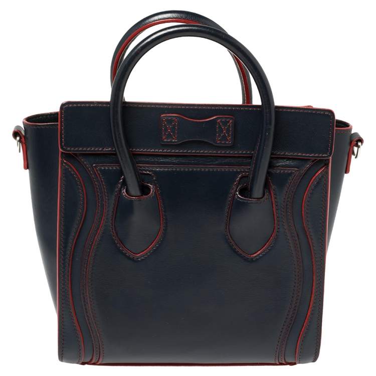 Pre Owned Celine Navy Blue/Red Leather Nano Luggage Tote