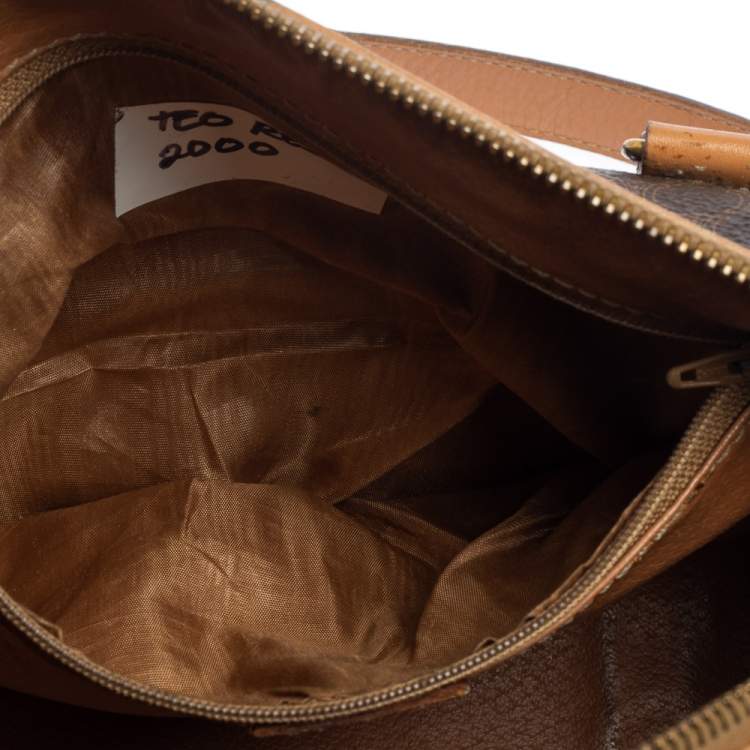 Pre Owned Céline Brown Coated Macadam Canvas And Tan Leather Boston Bag