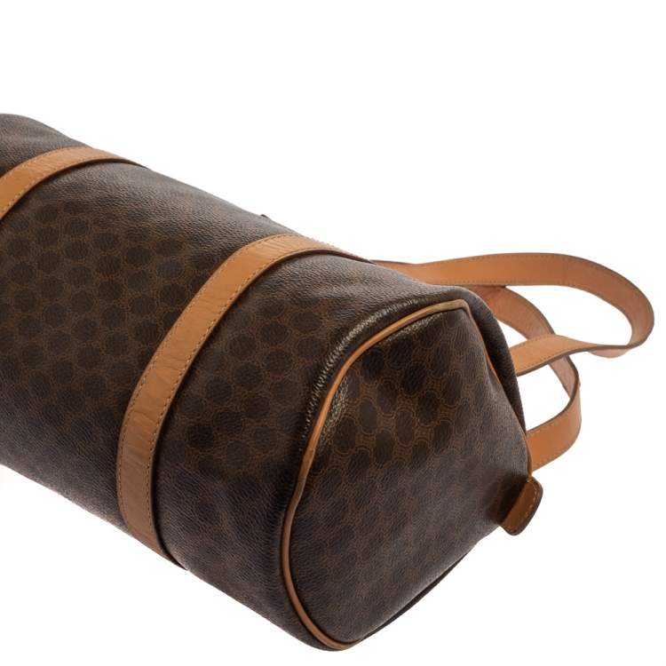Pre Owned Céline Brown Coated Macadam Canvas And Tan Leather Boston Bag