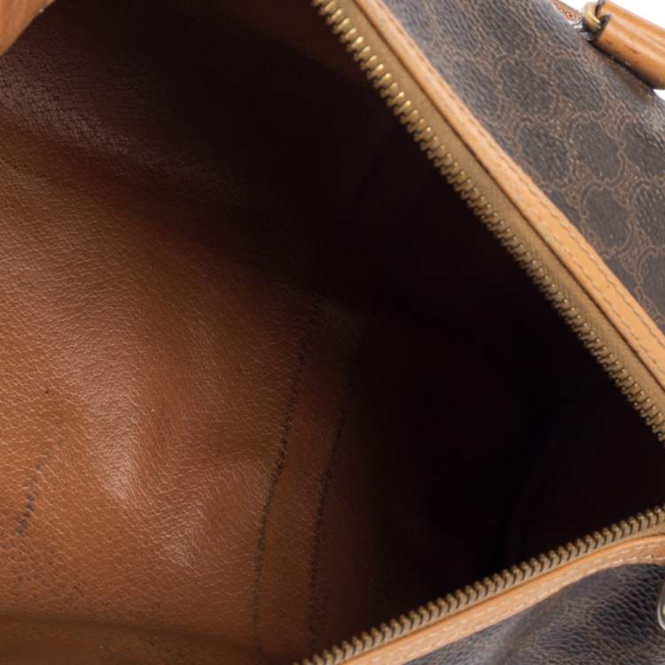 Pre Owned Céline Brown Coated Macadam Canvas And Tan Leather Boston Bag