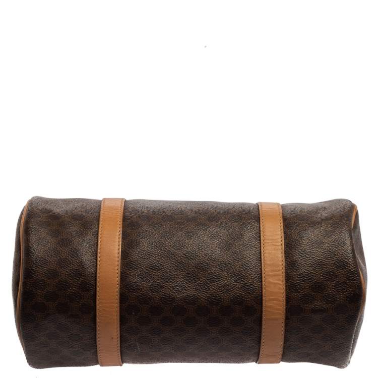 Pre Owned Céline Brown Coated Macadam Canvas And Tan Leather Boston Bag