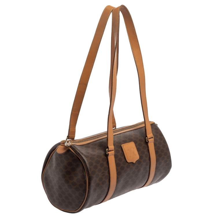 Pre Owned Céline Brown Coated Macadam Canvas And Tan Leather Boston Bag