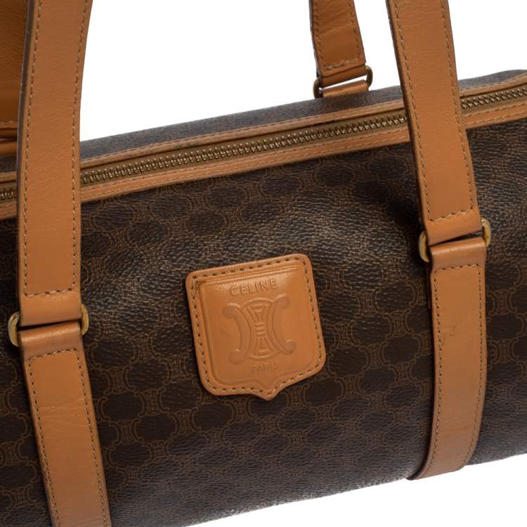 Pre Owned Céline Brown Coated Macadam Canvas And Tan Leather Boston Bag