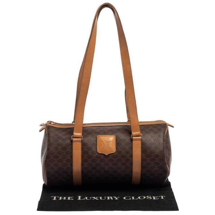 Pre Owned Céline Brown Coated Macadam Canvas And Tan Leather Boston Bag