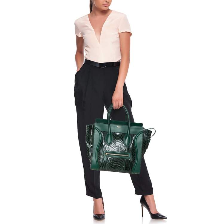 Pre Owned Celine Dark Green Python and Leather Mini Luggage Tote