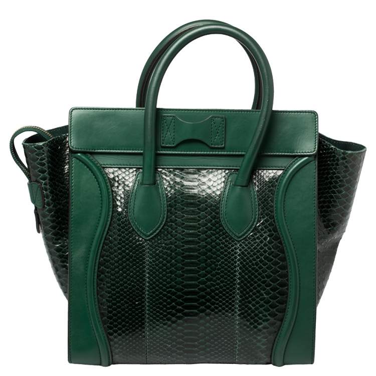 Pre Owned Celine Dark Green Python and Leather Mini Luggage Tote
